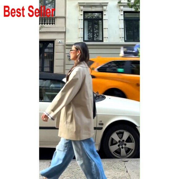 Oversized Trench Coat Classic Chic Button Up Jacket Plaid Lined Outerwear - Picture 7 of 7